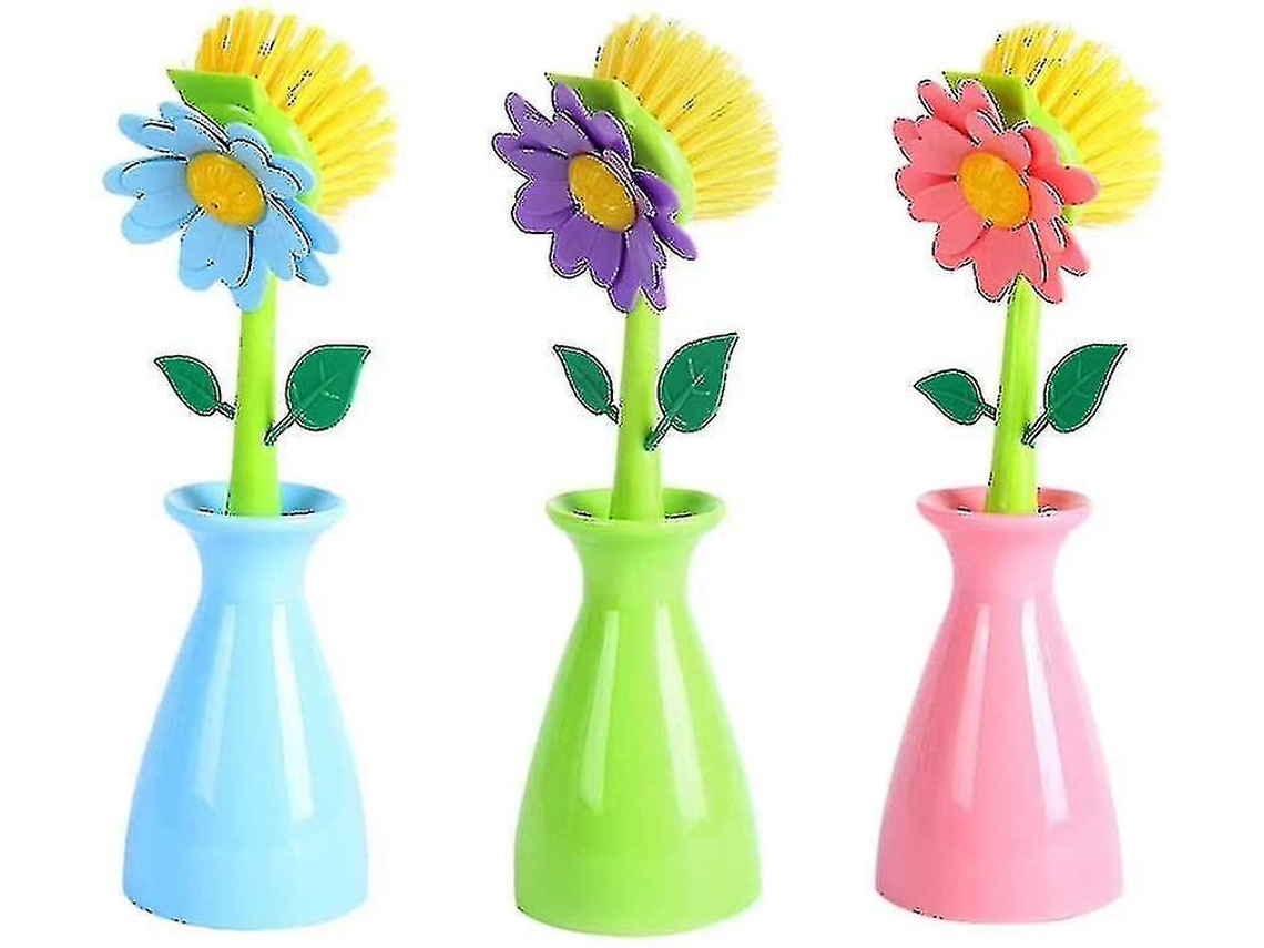 Conjunto De 3 Escovas De Cozinha, Escova De Lavar Louça Fofa Em Formato Flor Com Cabo Longo, Azul+ Verde Rosa