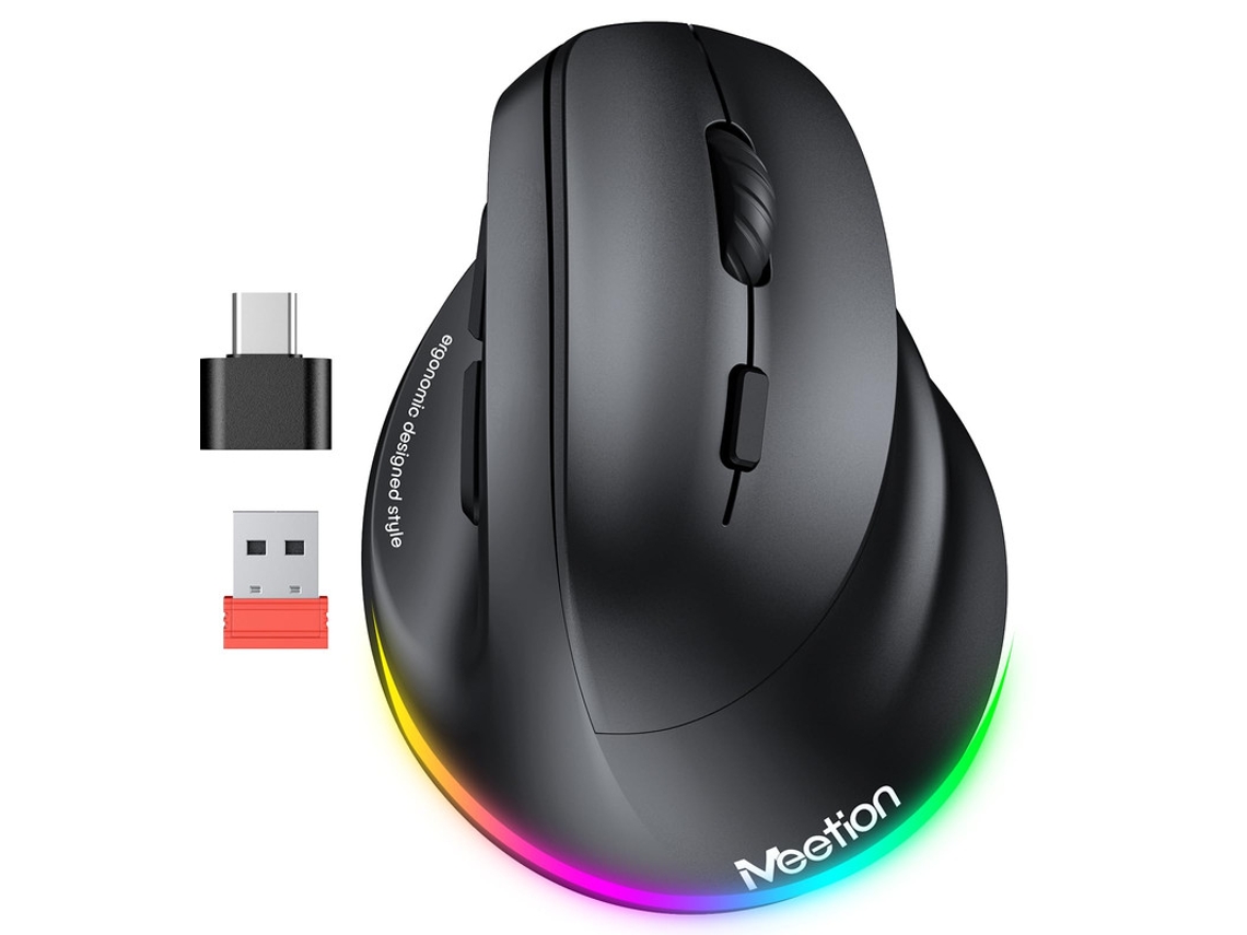 Rato Ergonómico Sem Fios, Recarregável, Com Bluetooth E Usb A, Com Adaptador Usb C E 4 Níveis De Dpi Ajustáveis Preto Yizhood (5.2 3.0)