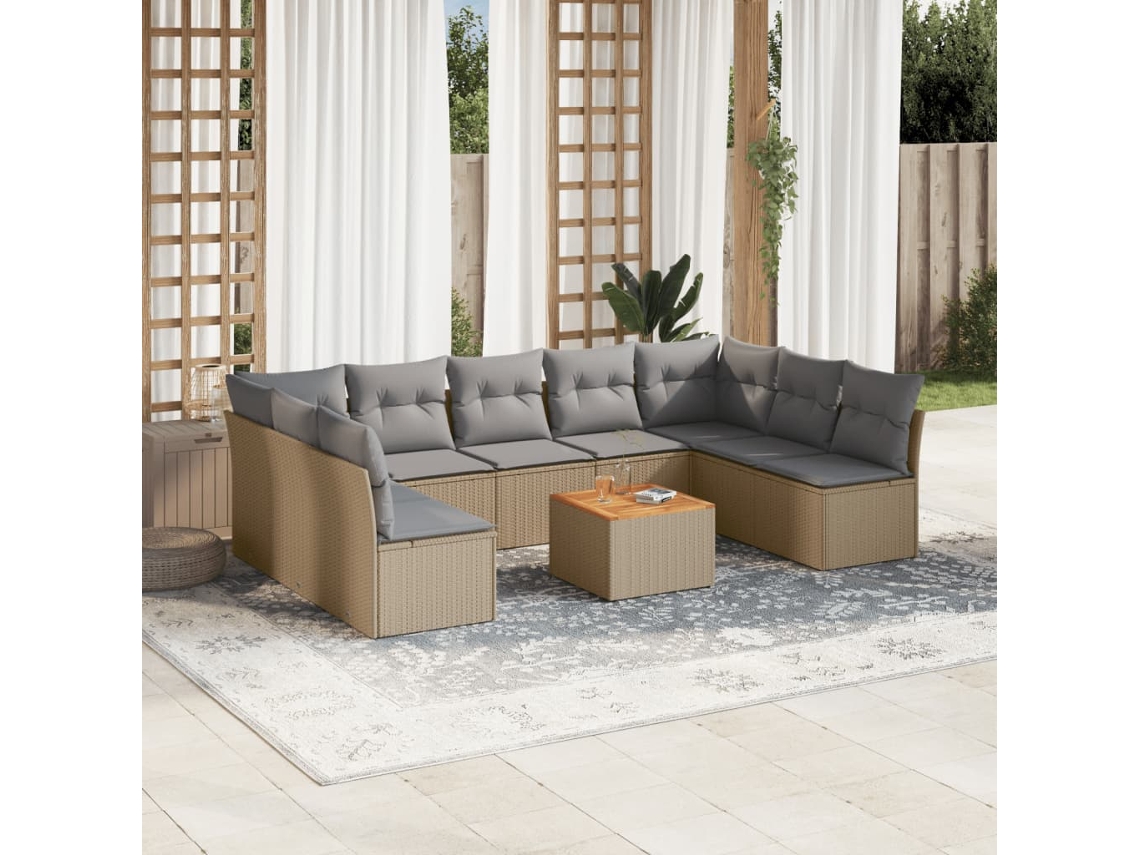 Vidaxl 10 Pcs Conjunto De Sofás P/ Jardim Com Almofadões Vime Pe Bege