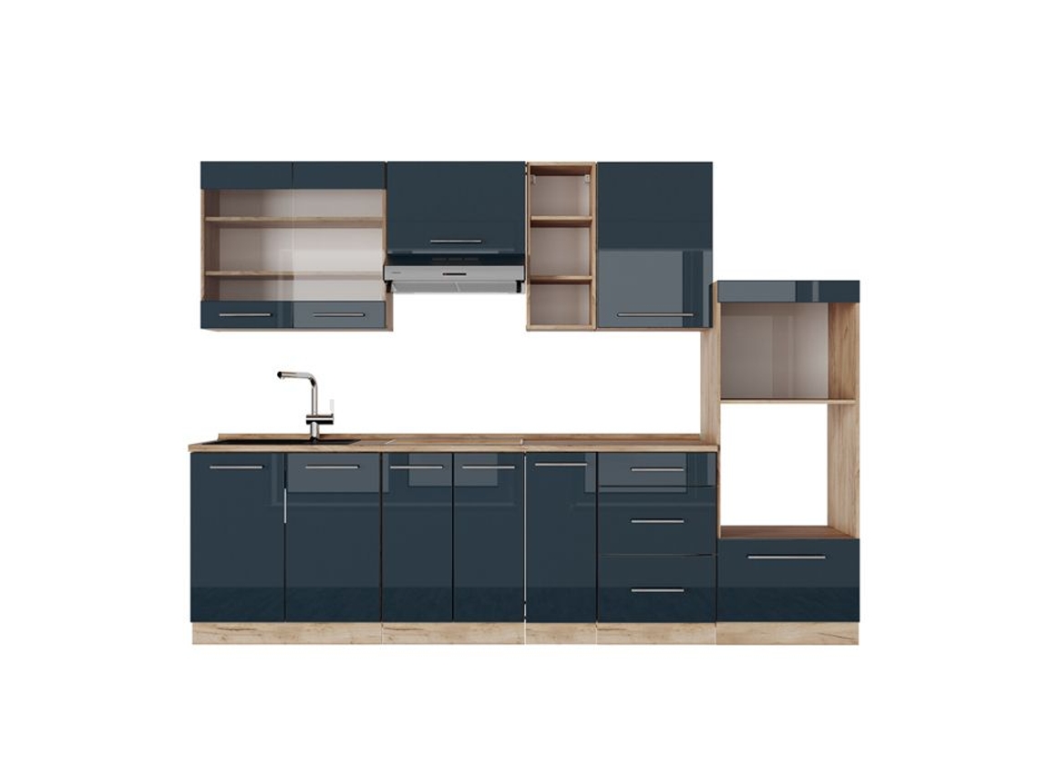 Cozinha Fame-Line, 280 cm sem bancada, azul escuro brilhante/carvalho dourado, VICCO