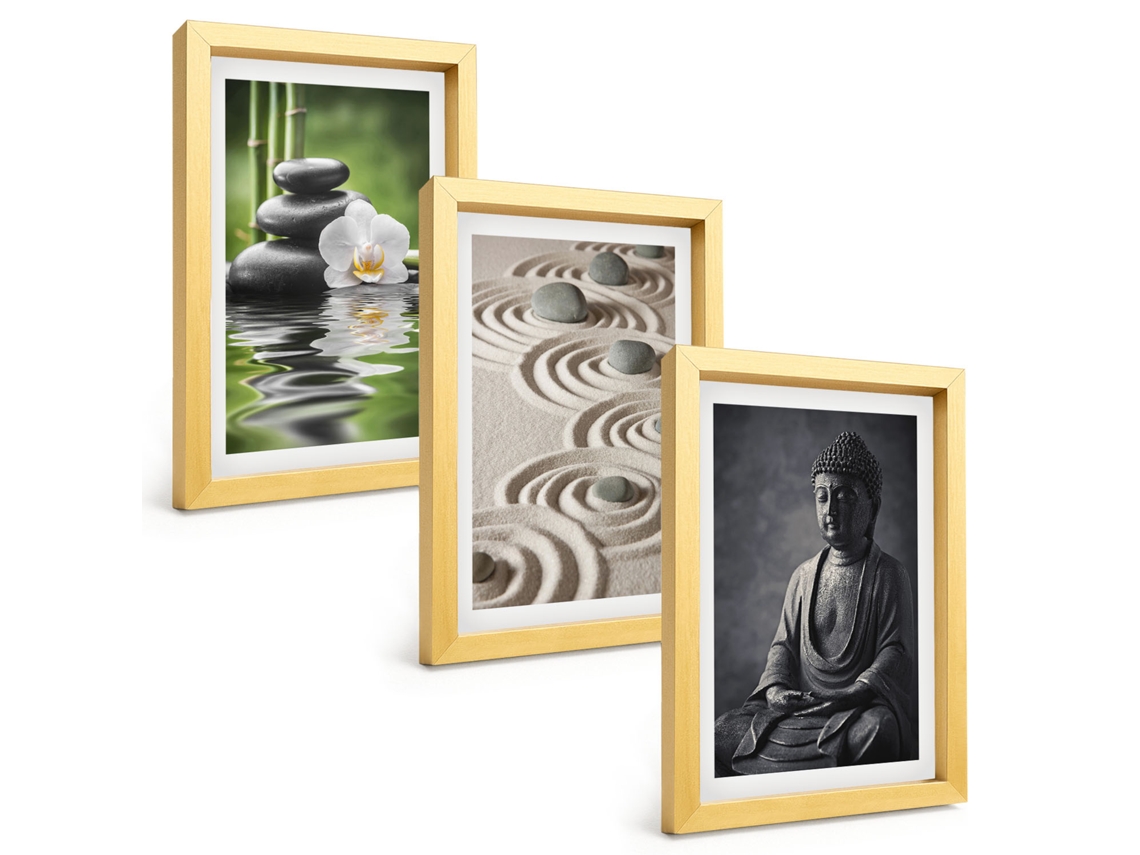 Galeria De Pinturas Muraisvista Relaxante, Buda, Zen Moldura Dourada Fotos Para O Escritório Espelharte (3 Peças 20x30 Cm)