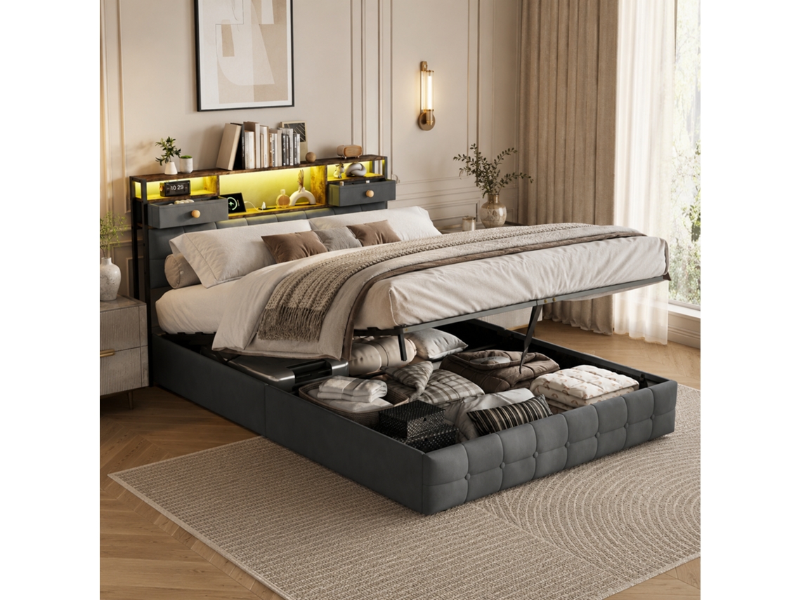 Cama Estofada 140x200 Cm, Com Espaço De Arrumação, Iluminação Led E Posto De Carregamento, Cómoda Hidráulica, Com Gaveta Na Cama, Cinza, Mexus