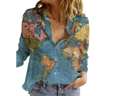 2026 camisa de Manga Longa para Mulher com Estampa de Mapa do Mundo, Gola de Camisa, Casual, Verão, Algodão