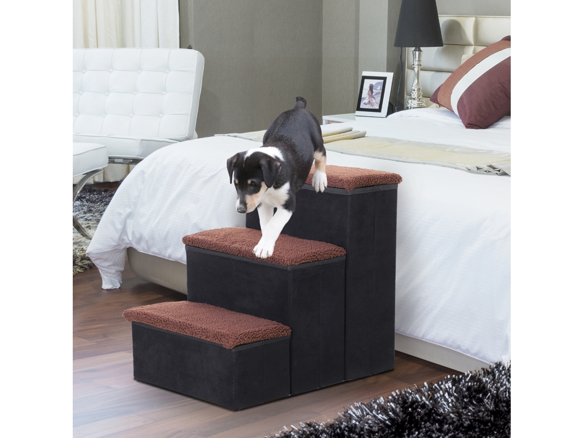 Escada De 3 Degraus Dobrável Com Tampa E Espaço Armazen. Cães Gatos Pequenos Para Cama Sofá 40x54x48cm Preto