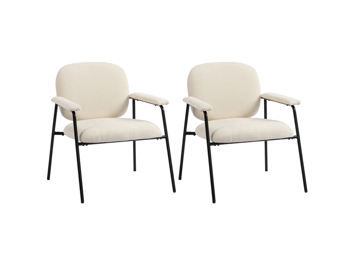 Conjunto de 2 poltronas de chenille com borda contornada, apoios de braço acolchoados, cor creme.