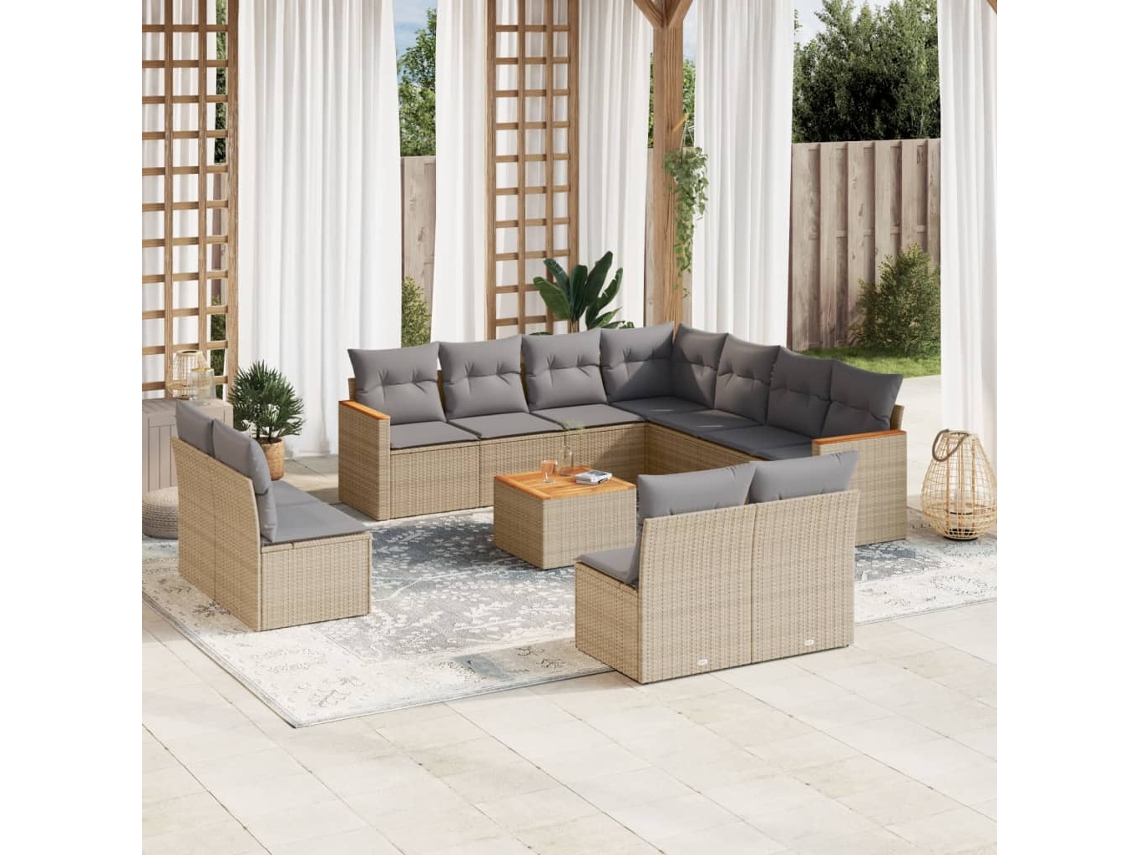 Vidaxl 12 Pcs Conjunto De Sofás P/ Jardim Com Almofadões Vime Pe Bege
