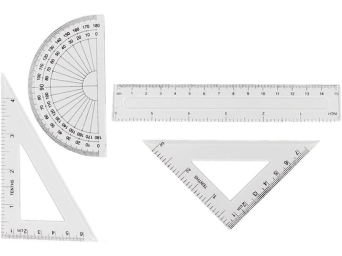 Réguas de plástico transparente Unomor, design leve e portátil, conjunto de 4, régua de transferência e esquadro para uso escolar.
