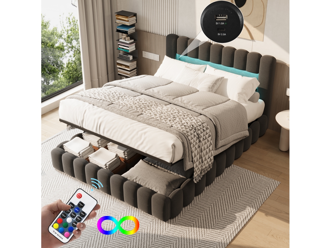 Cama Estofada 180x200cm Com Estrado Hidráulico E De Ripas, Led, Usb, Candeeiro De Leitura, Baú, Cama De Casal Juvenil Cinza