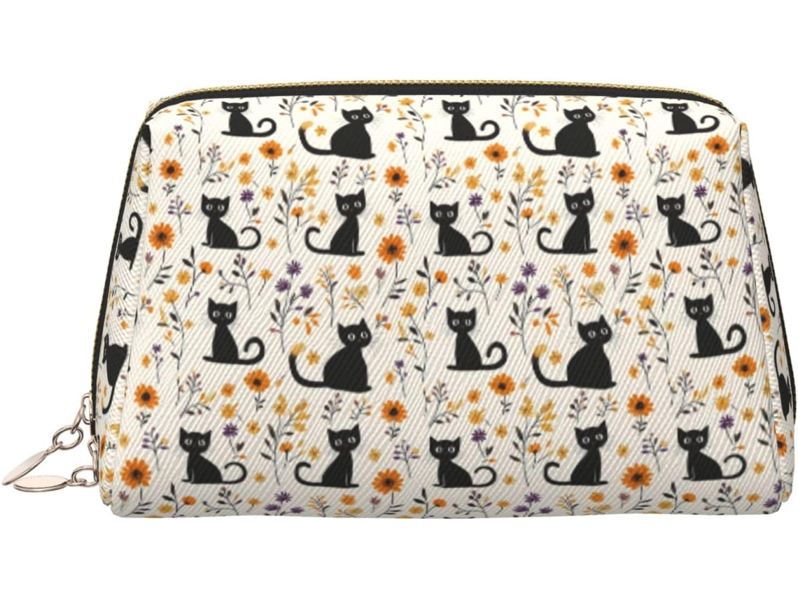 Nécessaire de Maquiagem com Estampa Gato Preto e Flores Viagem Viagens Férias