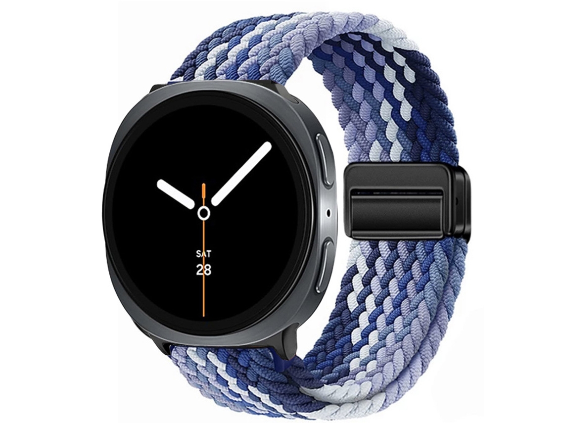 Pulseira de nylon azul degradê com data magnética para Samsung Galaxy Watch8 Classic, pulseira esportiva.