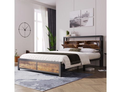 Cama Estrado e Cabeceira de Casal com Estrado e Cabeceira e Arrumação Camas Ripas Metálicas YUETOPP Madeira Metal Bege (140x200cm)