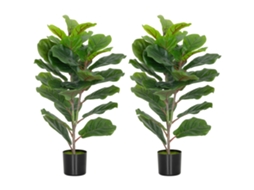 Conjunto de 2 Figueiras Artificiais de Interior 80 Cm, Árvores com Vaso de Plástico e Flocagem Verde CHEZMOI