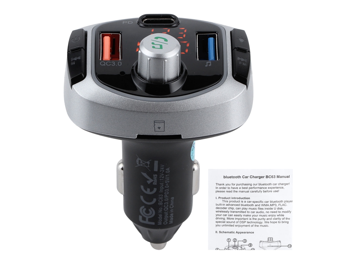 Transmissor FM Bluetooth 5.0 Slowmoose, MP3 Player, Chamadas Viva-voz, Luz Colorida, Tela Dupla PD3.0 QC3.0