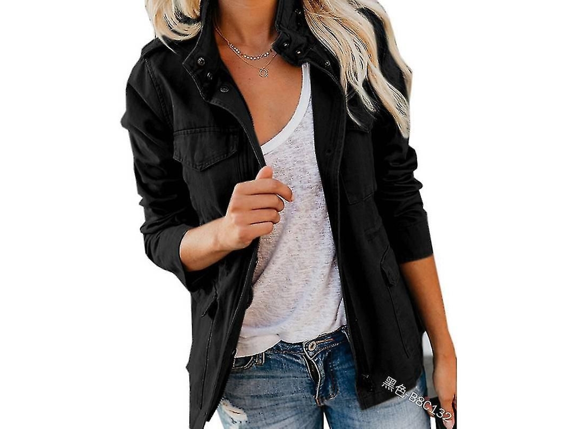 Jaqueta Casual Feminina Iowbfnys De Poliéster Com Gola Rebaixada E Fecho Zipper, Tamanho Regular, Primavera/outono Preto