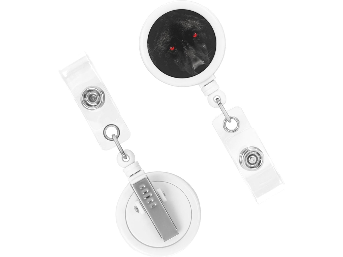 Suporte retrátil reforçado para Crachá, com presilhas para Crachá em estampa de lobo preto e vermelho, olhos vermelhos e alfinetes.