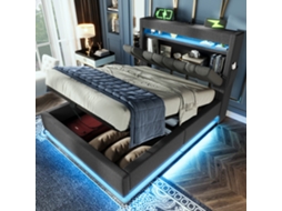 Cama Linho Cinza 90x200 Com Led Usb-c, Baú E Colchão