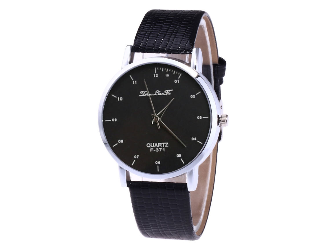Relógio analógico de quartzo para homens e mulheres com pulseira de PU preta.
