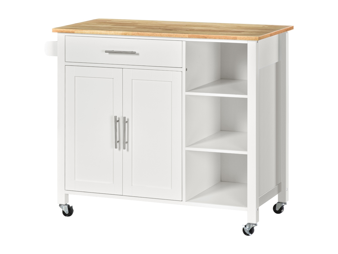 Carrinho De Cozinha Com Rodas Móvel Auxiliar De Com 1 Gaveta 2 Portas 3 Prateleiras Abertas E Barra Lateral Para Sala De Jantar 107,5x48x89cm Branco