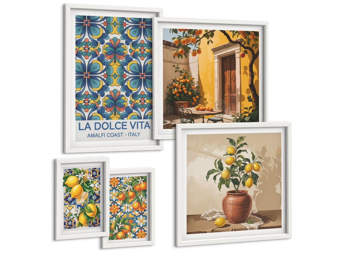 Composição De Quadros Limões, Flores, Laranjas, Itália Moldura Branca Pinturas De Quarto Espelharte (conjunto De 5 Imagens)