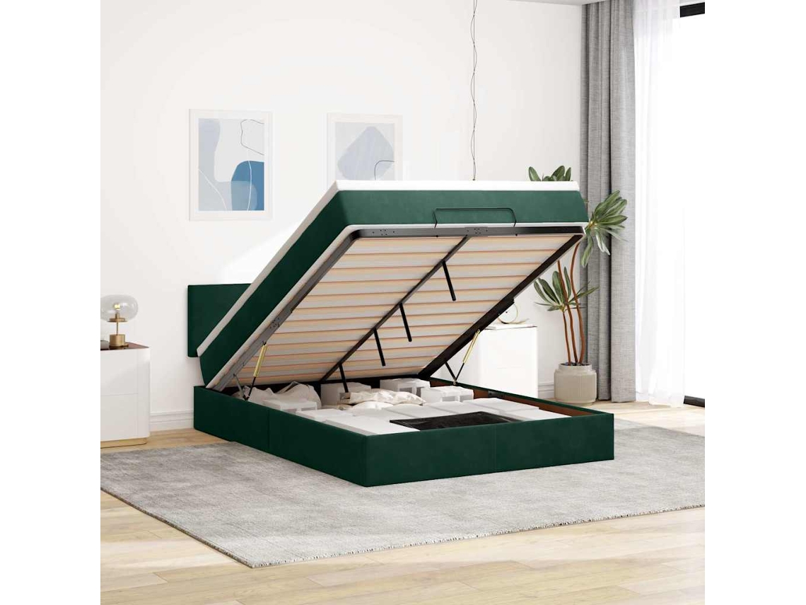 Vidaxl Estrutura De Cama Otomana Com Colchão 140x200 Cm Verde Escuro