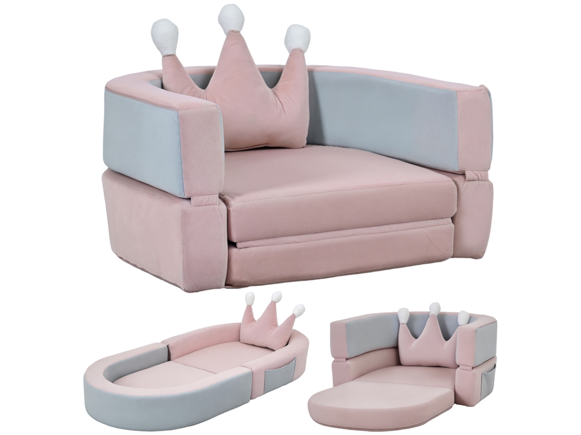 Sofá Infantil Conversível em Cama e Área de Brincadeiras com Almofada de Forma Crown 116x61x14 Cm Rosa e Azul Acinzentado Ge