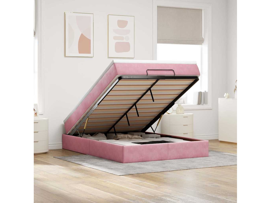 Vidaxl Estrutura De Cama Otomana Com Colchão 140x200 Cm Veludo Rosa