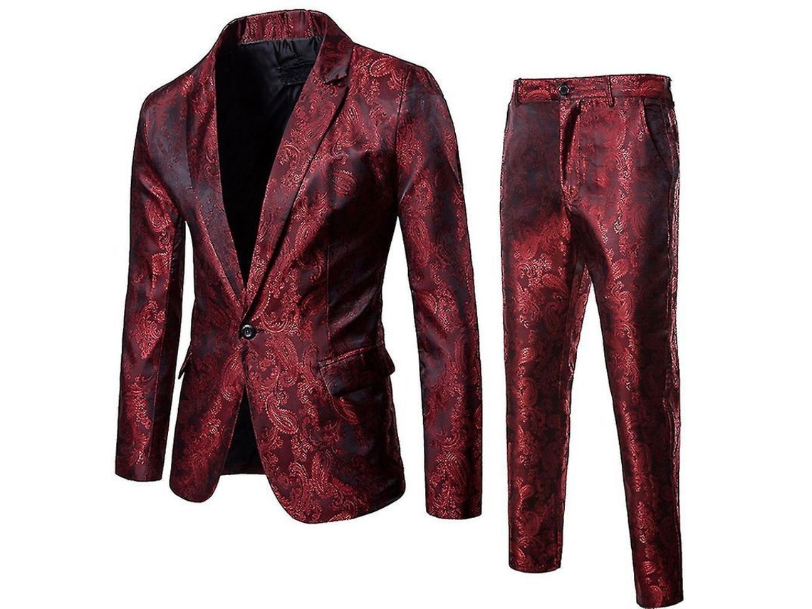 Blazer E Calça Slim Fit Estampado Para Ocasiões Casuais, Festas, Casamentos E Formaturas - Poliéster Vermelho Escuro