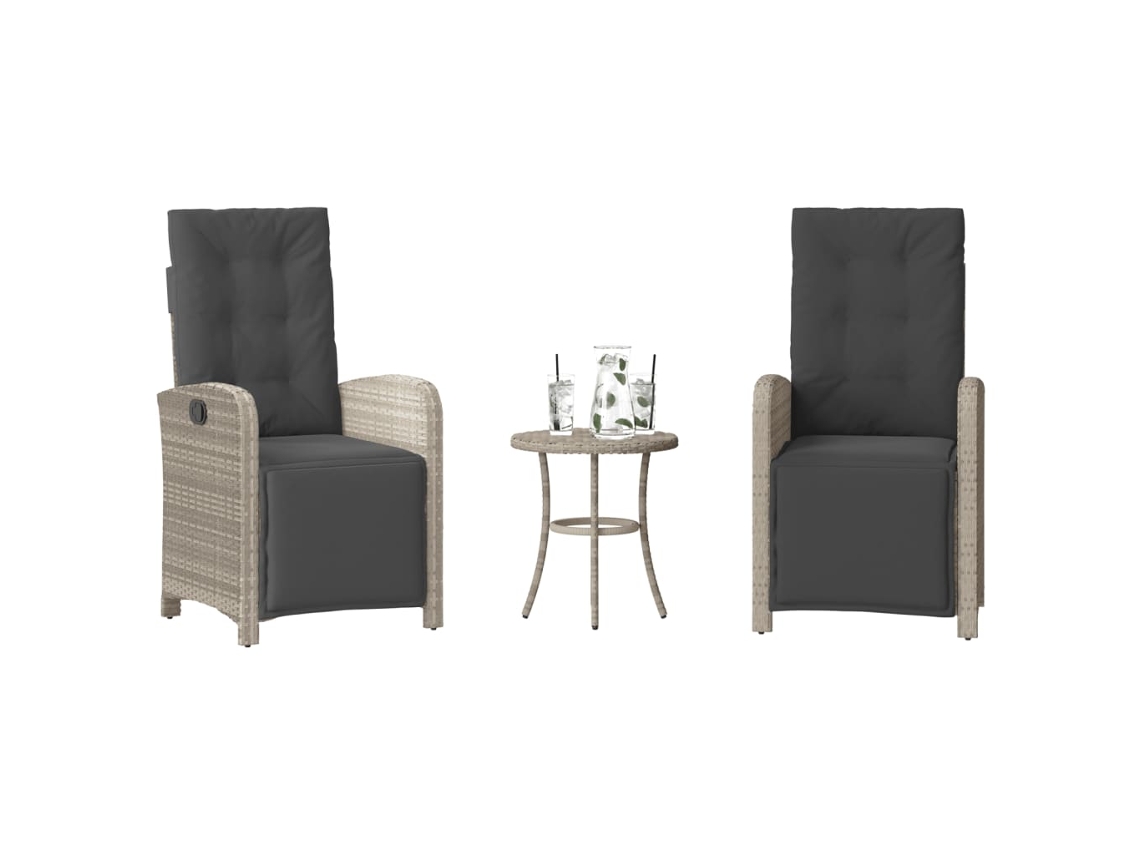 Vidaxl 3 Pcs Conjunto Bistrô com Almofadões Vime Pe Cinzento Claro