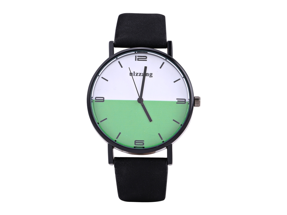 Reloj De Pulsera Analógico De Cuarzo Redondo Con Correa Pu (correa Negra Dial Blanco Verde)