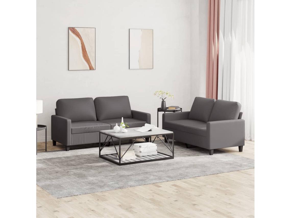 Vidaxl 2 Pcs Conjunto De Sofás C/ Almofadões Couro Artificial Cinzento