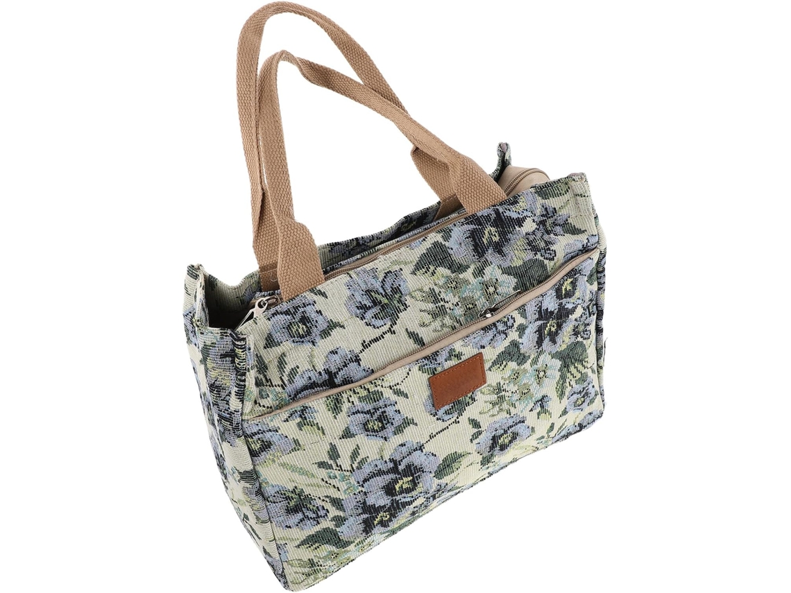 Bolsa Feminina Grande De Lona Com Estampa Floral Verde E Zíper.