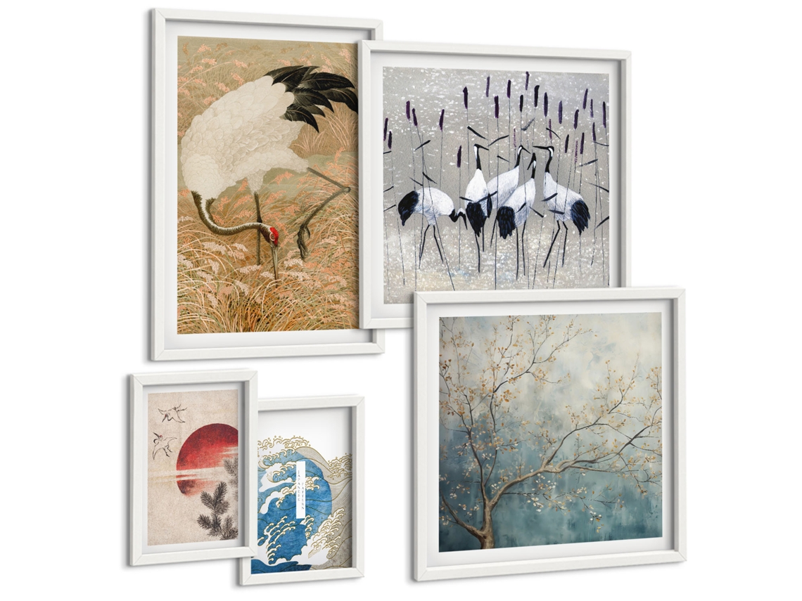 Composição De Quadros Na Parede Garças Japonesas, Paisagem Moldura Branca Quadros Para O Escritório Espelharte (conjunto De 5 Imagens)