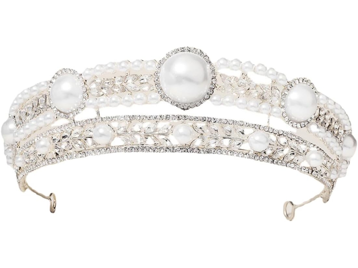 Coroa De Casamento Prateada Com Pérolas E Strass, Tiara Para Adultos