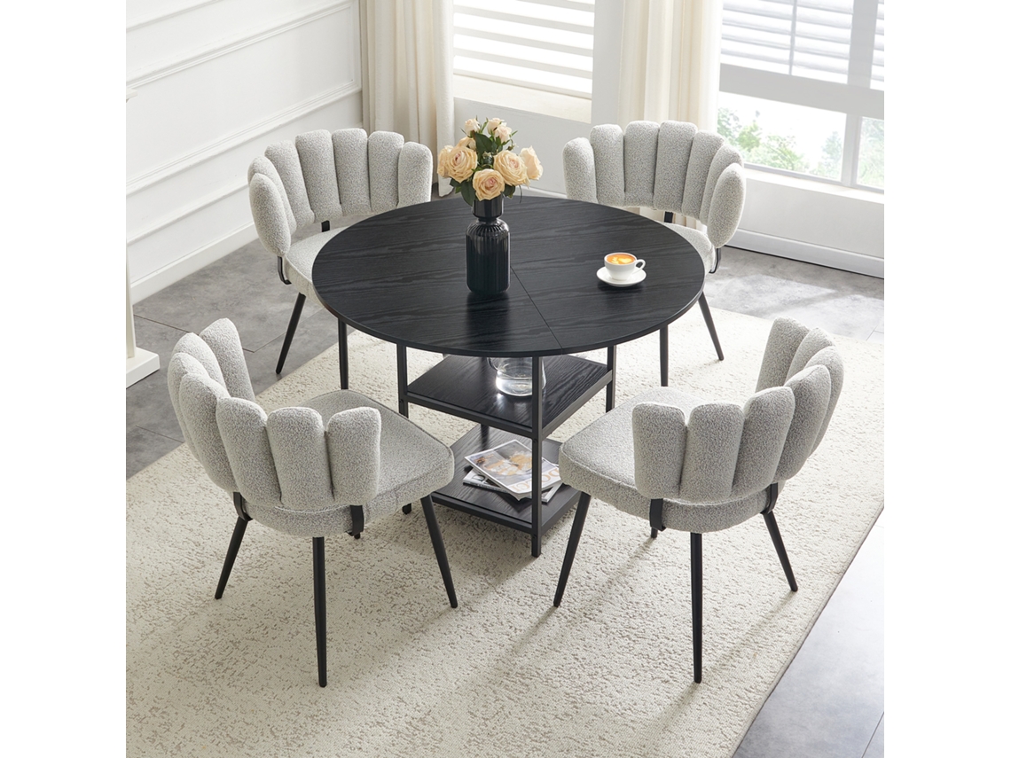 Conjunto Mesa e Cadeiras 107 Cm Mesa Redonda 2 Níveis Arrumação + 4 Cadeiras Cinza Claro Floral Tecido Texturado, Estilo Industrial Preto/cinza NOVELA