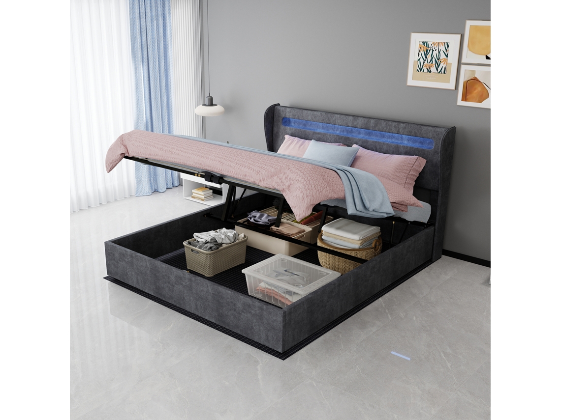 Cama Acolchoada Multiuso Com Iluminacao Led, Encosto, Elevador A Gas E Arrumacao Com Acabamento Na Cor Cinza