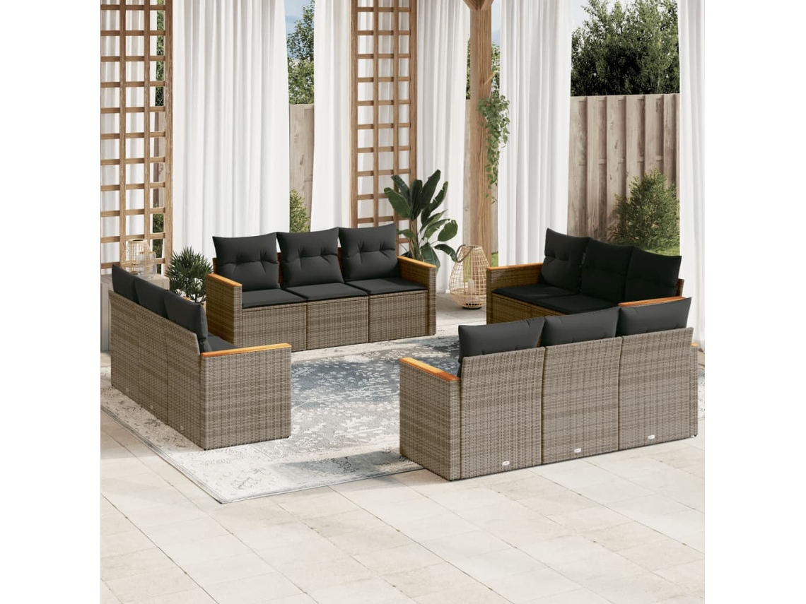 Vidaxl 12 Pcs Conjunto De Sofás Jardim C/ Almofadões Vime Pe Cinzento