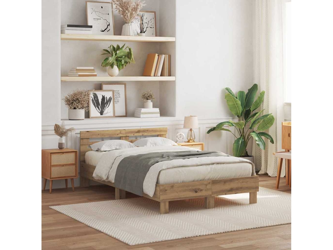 Vidaxl Estrutura Da Cama Com Fitas Led Carvalho Artesanal 135 X 190 Cm