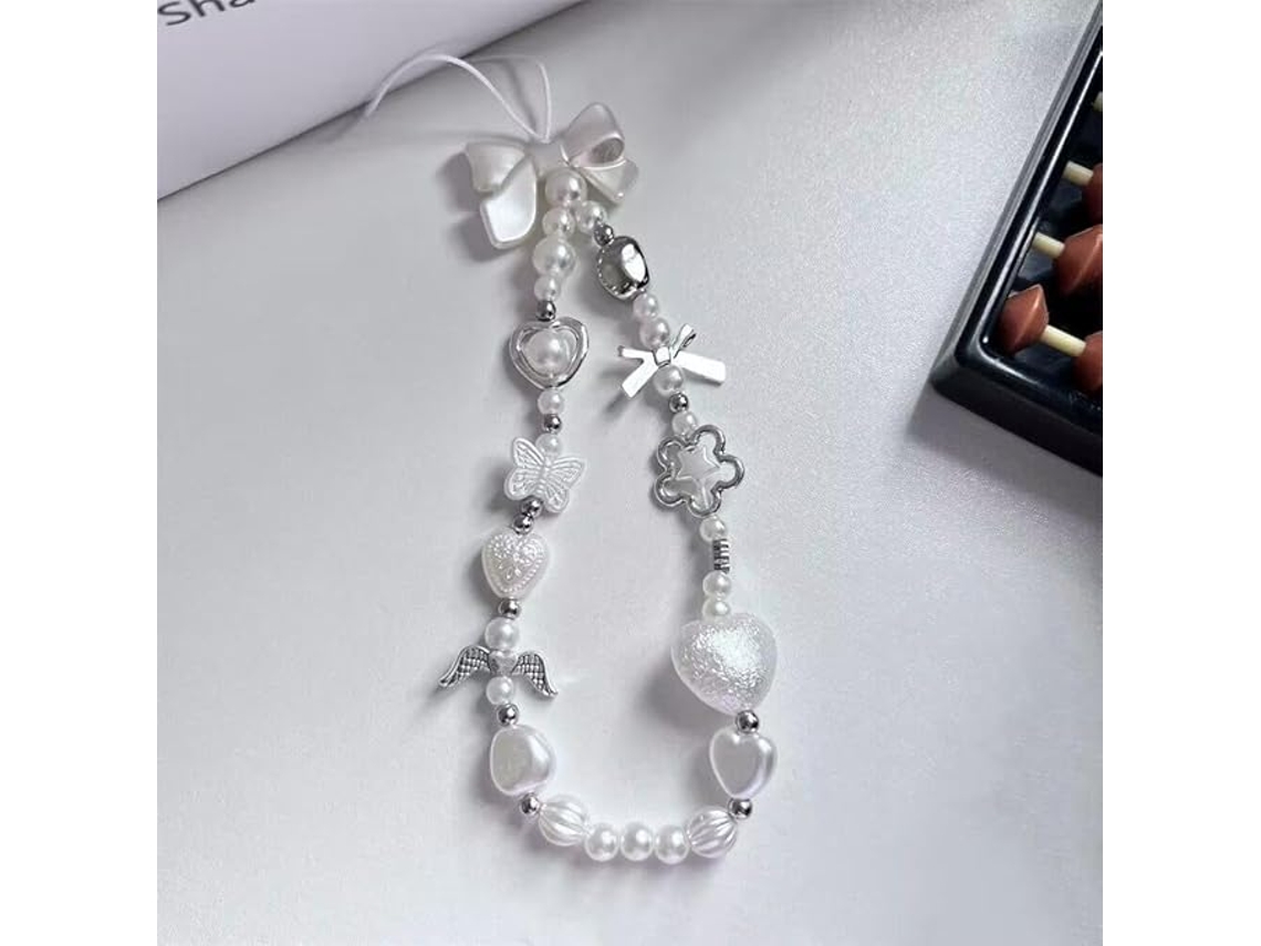 Chaveiro Delicado Com Alça Para Celular, Adornado Com Miçangas E Um Laço Branco, Bonito E Elegante, Um Acessório Estiloso Para Mulheres.