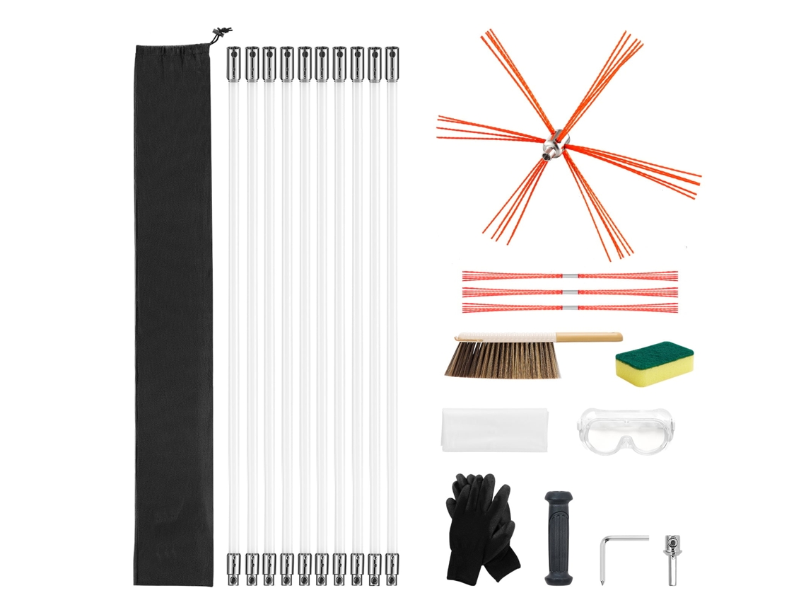 Kit de Escova Limpeza Chaminé, 10 M Vareta Flexível Náilon, 3 Reposições Cerdas, Luvas, Óculos, Bolsa, Desentupidor 90° para Chaminés Quadradas,
