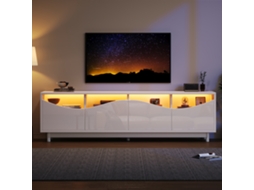 Tv Rack Design Curvo Branco Alto Brilho, Porta Em Vidro Temperado, Led, 175x38x51 Cm