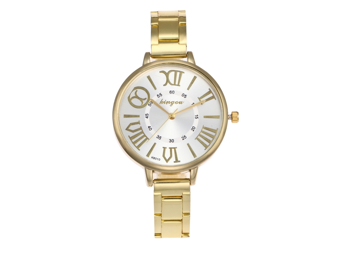 Relógio de Pulso Feminino de Aço Inoxidável Estilo Simples Esfera Redonda Quartzo Ouro