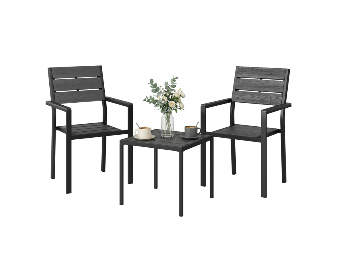 Conjunto de jardim com 2 cadeiras e mesa de HDPE com efeito madeira ZENCORE SERVICES preto