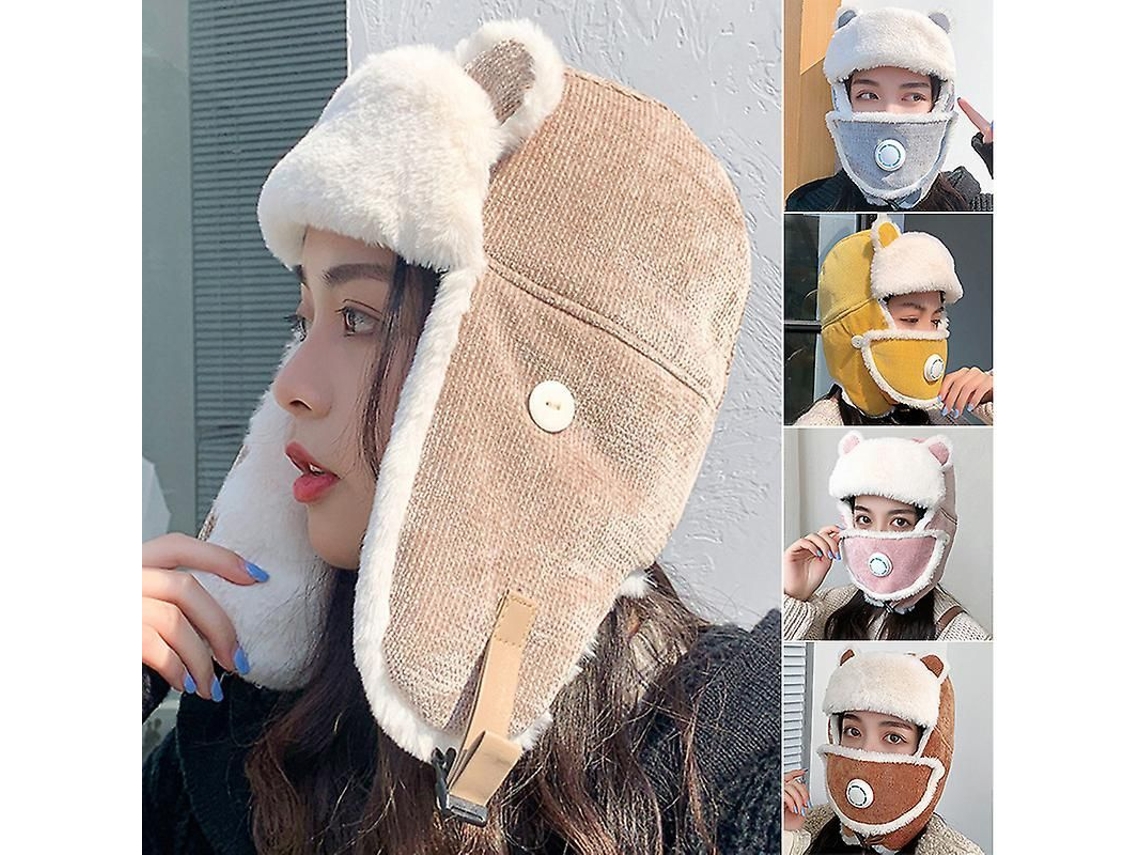 Gorro de inverno 2026 com estampa de desenho animado, máscara facial removível, forro de pelúcia impermeável para atividades ao ar livre.