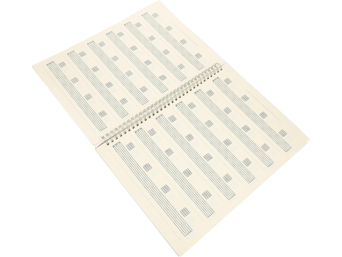 Caderno portátil preto para tablaturas de guitarra, com encadernação em espiral, leve, ideal para guitarristas iniciantes e uso ao ar livre.