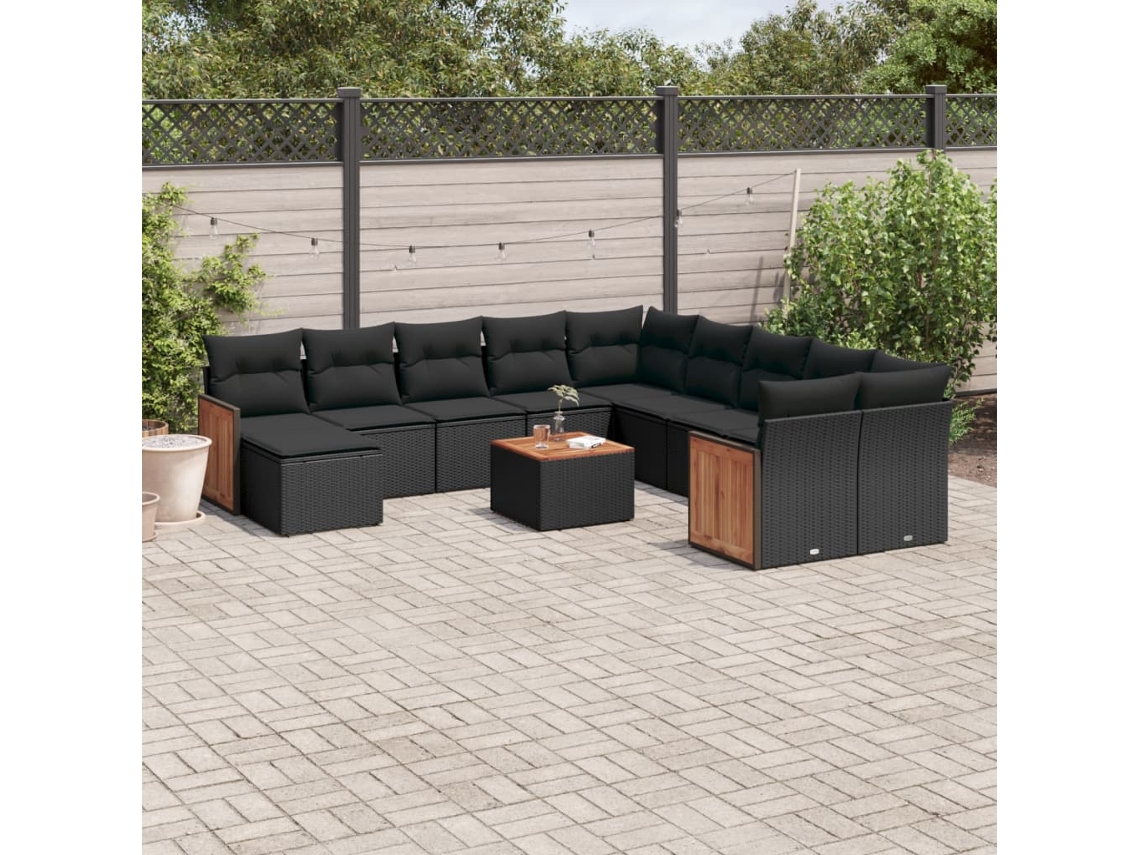 12 Pcs Conjunto De Sofá Jardim C/ Almofadões Vime Pe Preto Dkd Home Decor