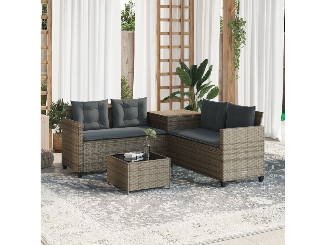 Vidaxl Sofá De Jardim Forma De L C/ Mesa E Almofadões Vime Pe Cinzento