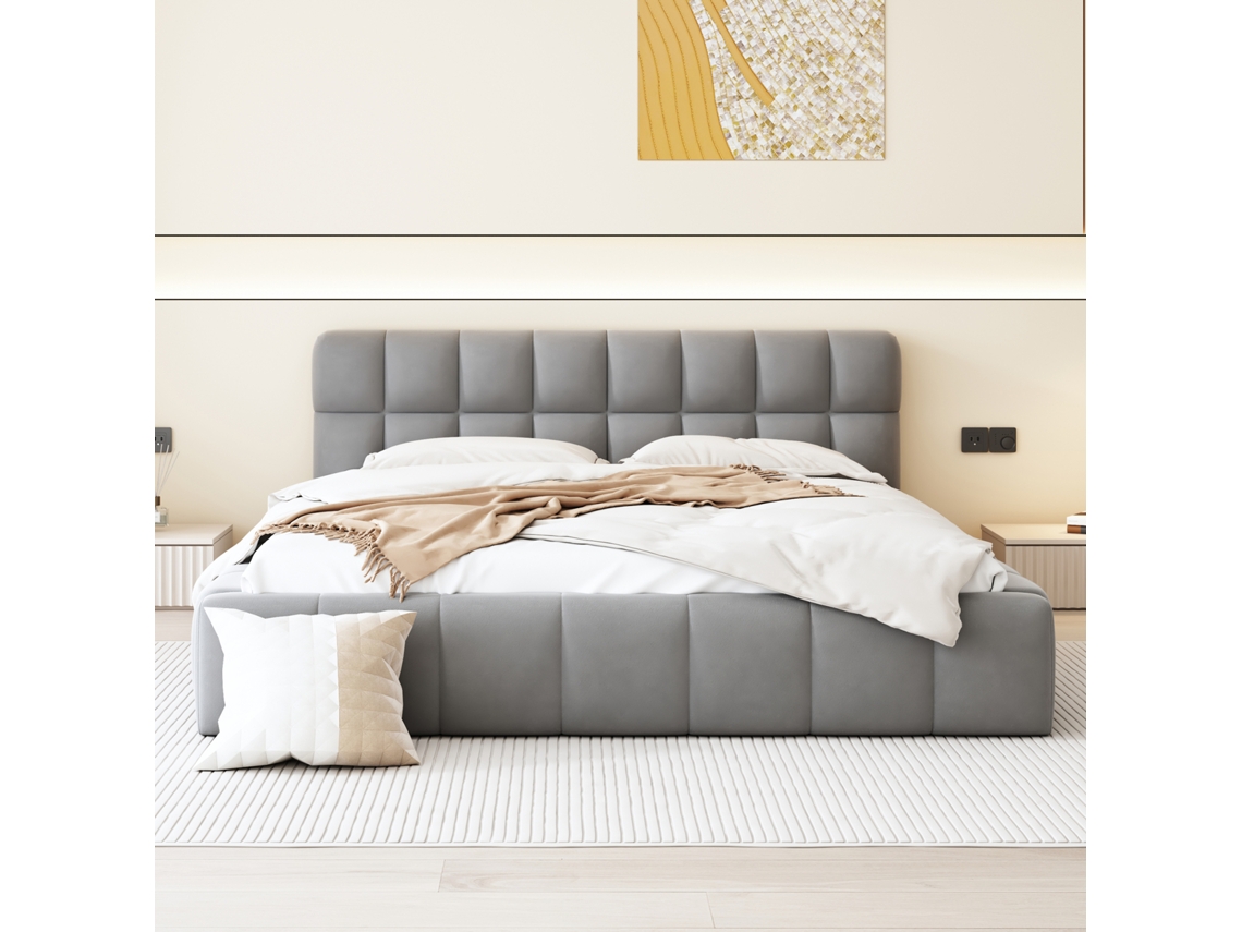 Cama De Casal Estofada 140x200 Cm, Cama Juvenil Com Estrado De Ripas, Tecido De Linho Cinzento, Sem Colchão