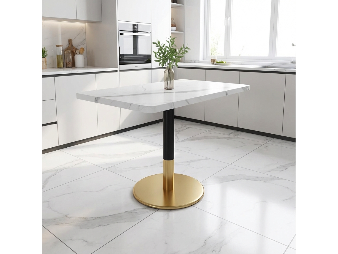 NOVELA Mesa de jantar moderna retangular 80x60cm, padrão mármore branco, base metálica preto/dourado