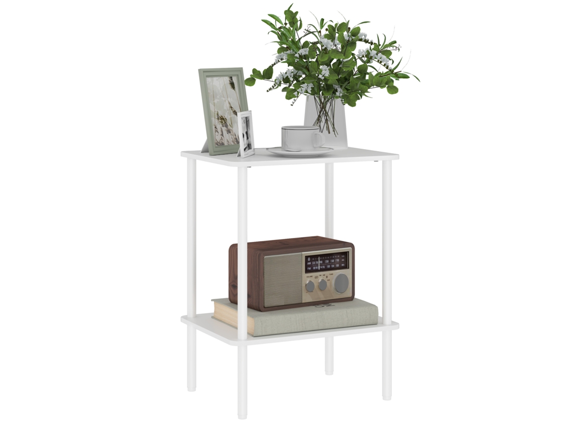 Mesa Lateral Moderna De Dois Andares Com Compartimento De Armazenamento E Estrutura Metálica Para Sala De Estar, Quarto, Branco-ry