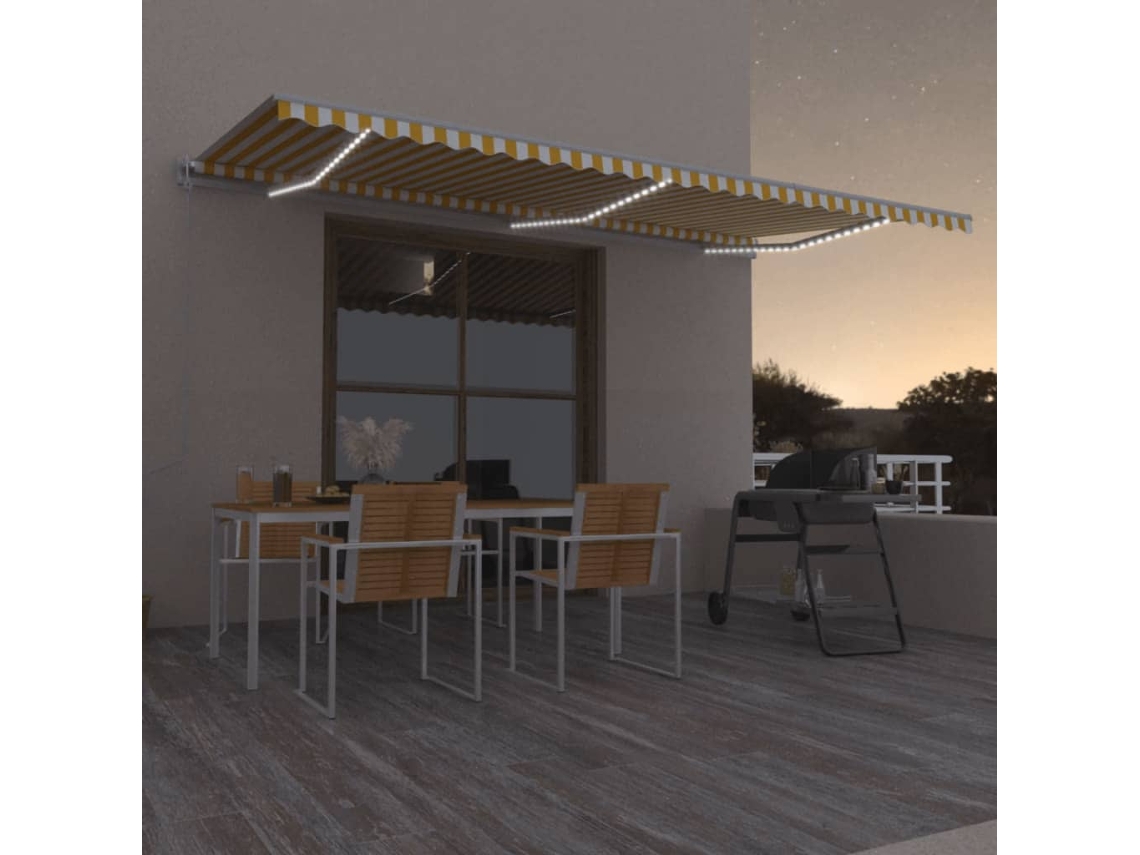 Vidaxl Toldo Automático Led E Sensor De Vento 600x300cm Amarelo/branco